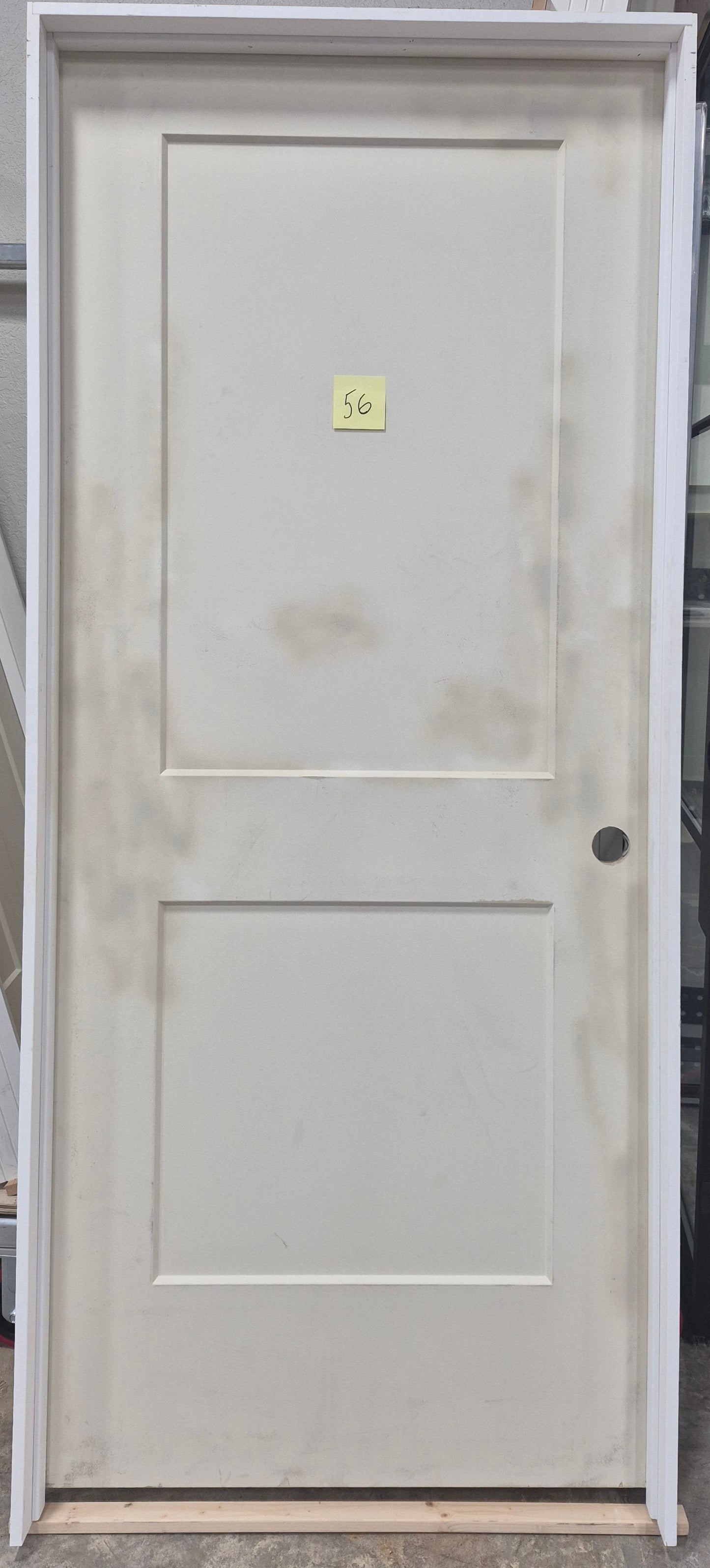 CLEARANCE - Door 56 - Pre-hung Left Hand Swing 2/10(34")x6/8(80")x 1-3/8" Primed Molded Smooth 2-Panel Shaker Style Monroe Solid Core