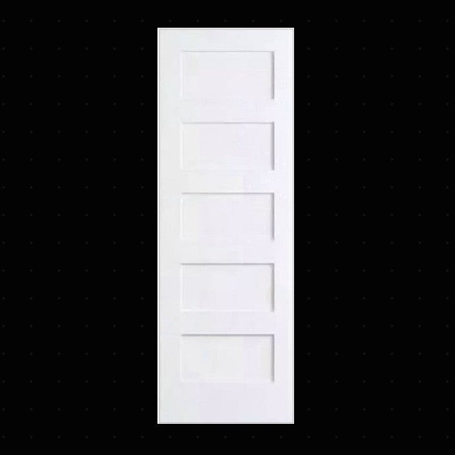 Single Pre-Hung: Primed MDF Smooth 5-Panel Shaker Primed Hung on a Primed Finger Joint Flat Jamb