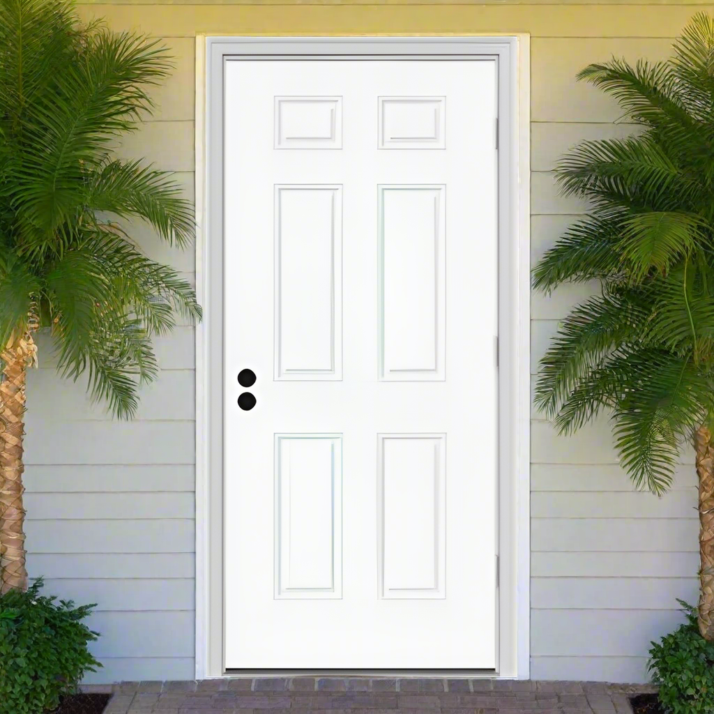 Pre-Hung Fiberglas Smooth 6-Panel Raised Pre-hung on 4-9/16" Exterior Smooth Composite Jamb, White Weatherstrip, Alum Mill Sill, Satin Nickel Hinge, Double Bore  FL#17347