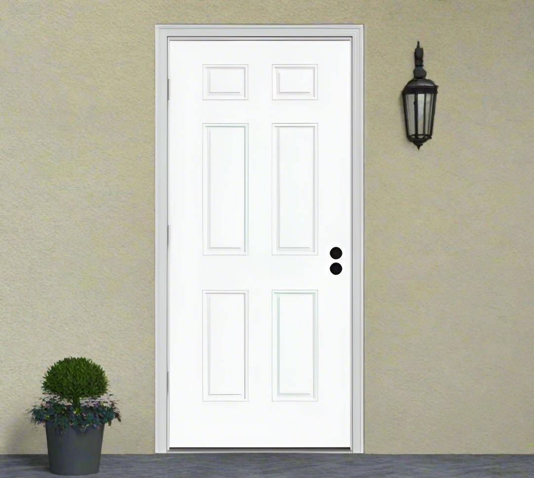 Pre-Hung Fiberglas Smooth 6-Panel Raised Pre-hung on 4-9/16" Exterior Smooth Composite Jamb, White Weatherstrip, Alum Mill Sill, Satin Nickel Hinge, Double Bore  FL#17347