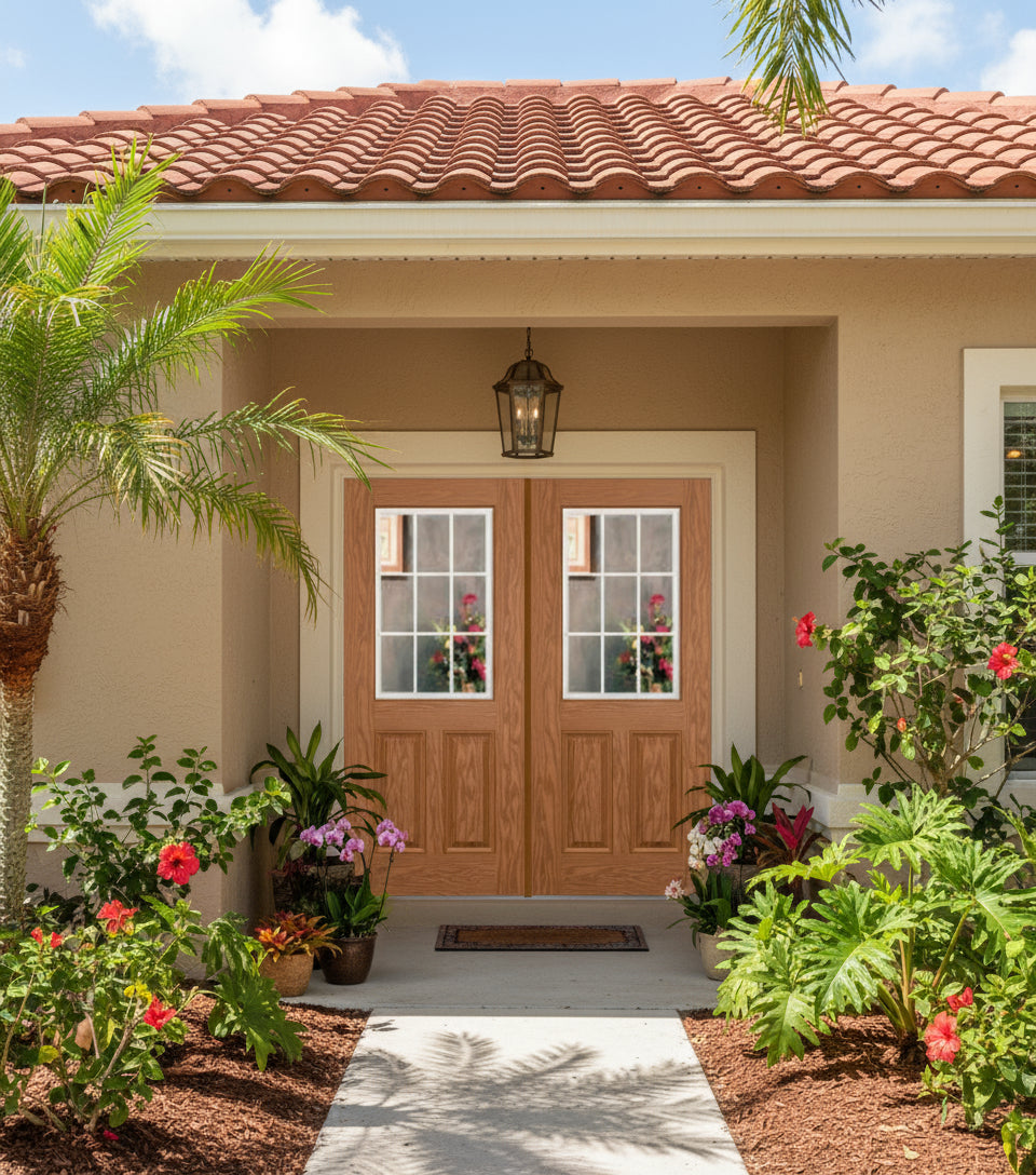 PlastPro Oak Series DRG60 Half-Lite w/22"x36" 9-Lite GBG Low-E over 2 Panel Raised FL#17347