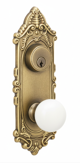 Emtek 8091 Passage Double Keyed, Sideplate Locksets Victoria 3-5/8" c-c Keyed, Porcelain Knob