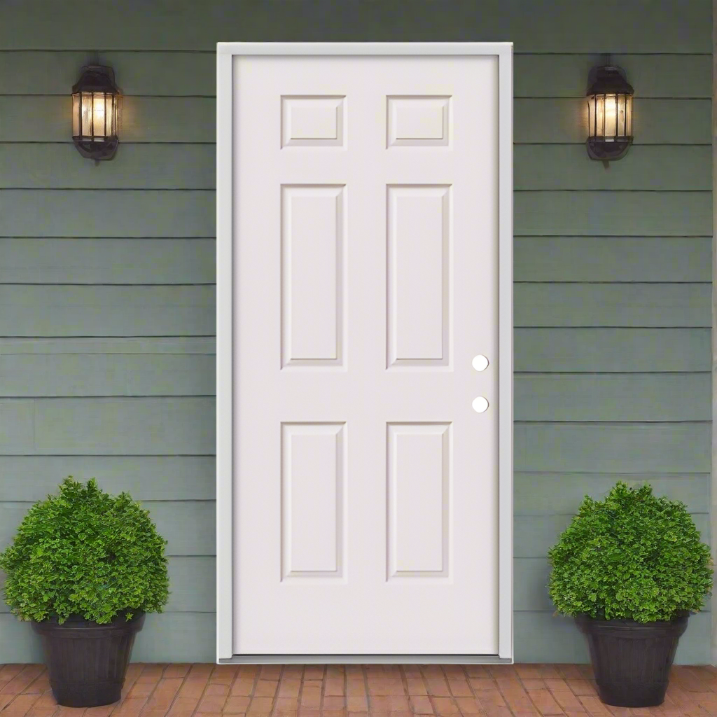 Pre-Hung Fiberglas Smooth 6-Panel Raised Pre-hung on 4-9/16" Exterior Smooth Composite Jamb, White Weatherstrip, Alum Mill Sill, Satin Nickel Hinge, Double Bore  FL#17347