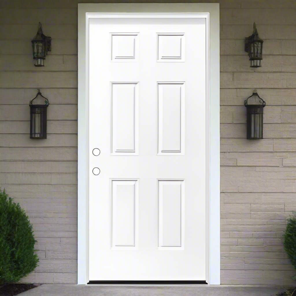 Pre-Hung Fiberglas Smooth 6-Panel Raised Pre-hung on 4-9/16" Exterior Smooth Composite Jamb, White Weatherstrip, Alum Mill Sill, Satin Nickel Hinge, Double Bore  FL#17347