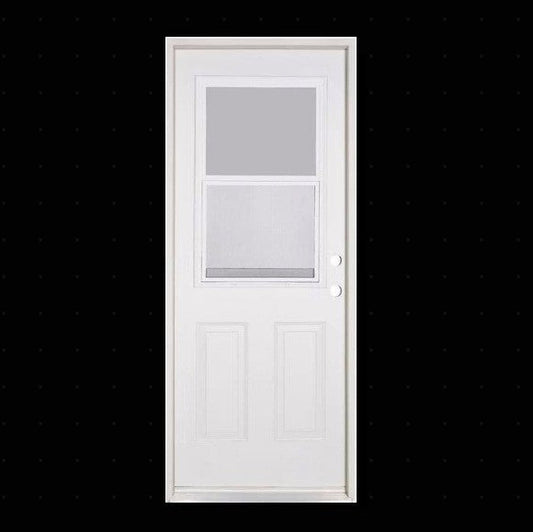 PreHang Fiberglas Smooth Half Lite Ventlite over 2-Panels Raised Prehung on 4-9/16" Exterior Smooth Composite Jamb, White Weatherstrip, Alum Mill Sill, Satin Nickel Hinge, Double Bore