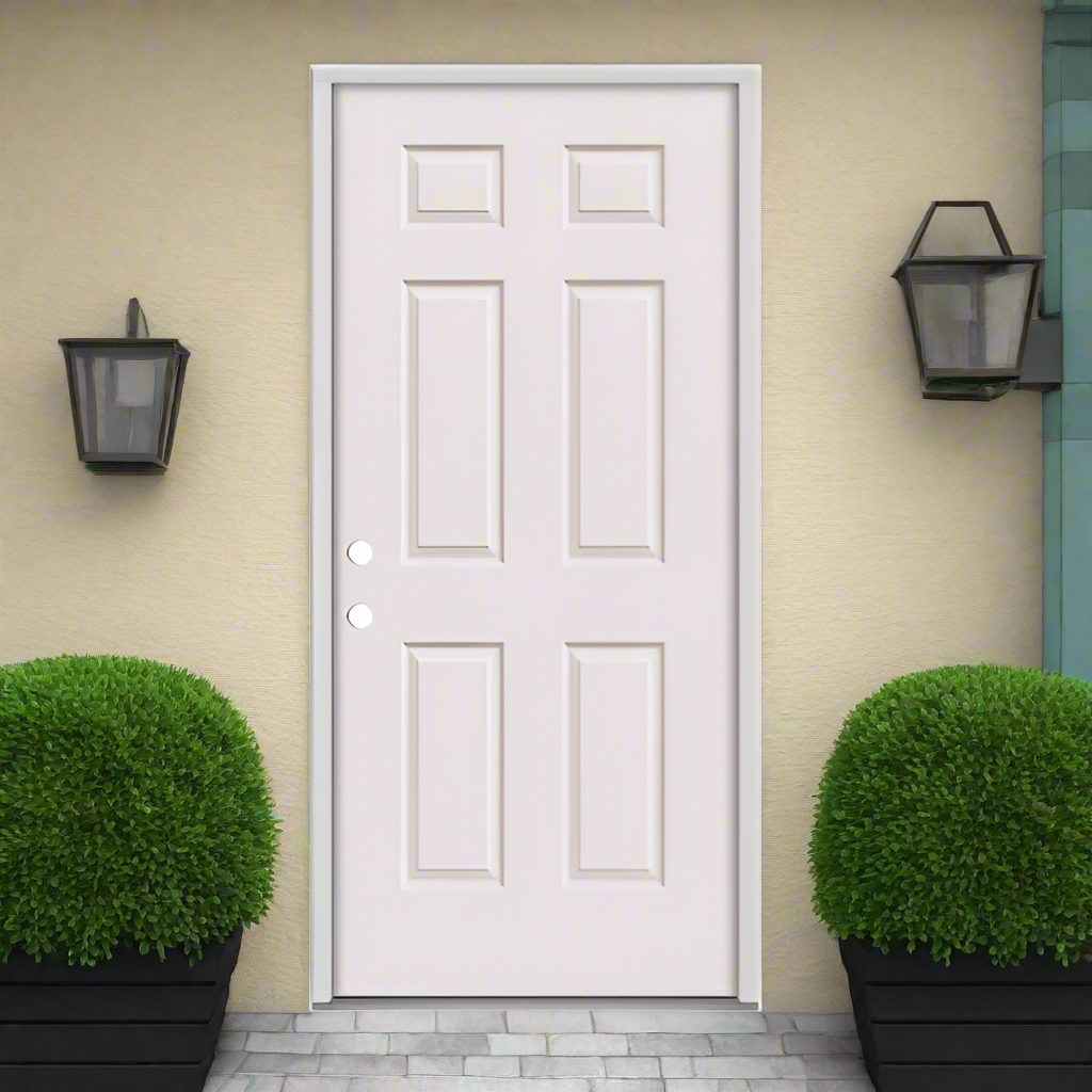 Pre-Hung Fiberglas Smooth 6-Panel Raised Pre-hung on 4-9/16" Exterior Smooth Composite Jamb, White Weatherstrip, Alum Mill Sill, Satin Nickel Hinge, Double Bore  FL#17347