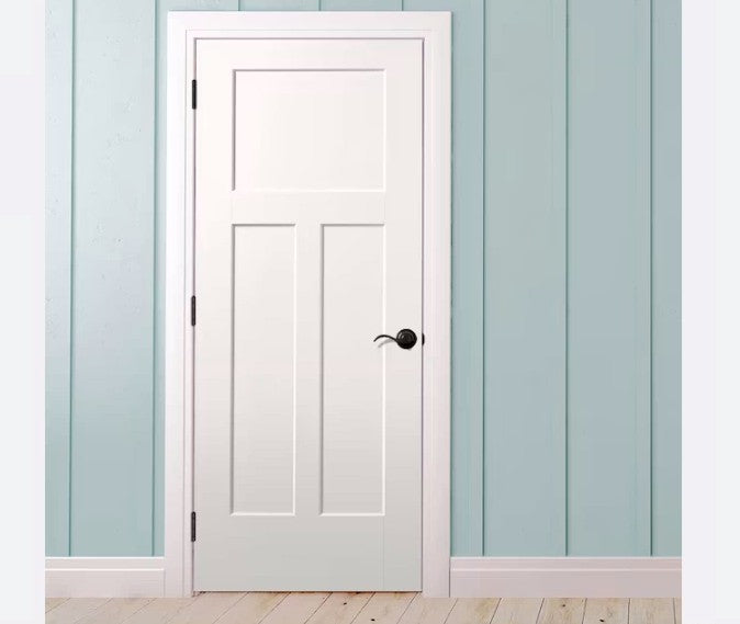 Single PreHung: Craftsman 6/8(80") Primed Moulded Smooth 3-Panel Craftsman Shaker Style Hollow Core Slab 1 3/8"