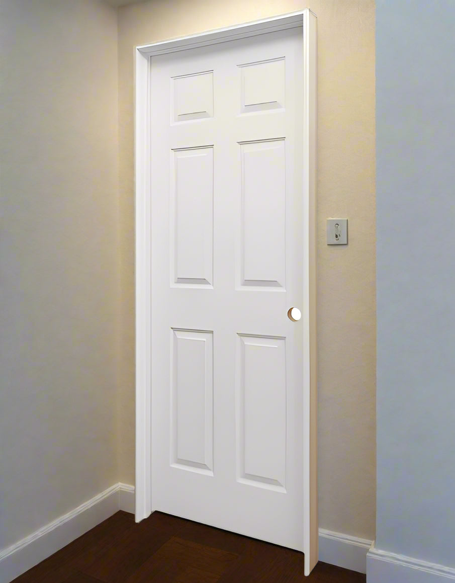 Single PreHung: Colonist 6/8(80") Primed Moulded Smooth 6-Panel Hollow Core Slab 1 3/8"