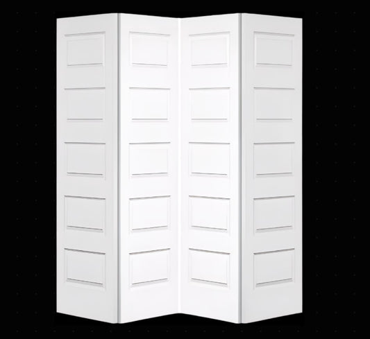 Bifold:Rockport Primed Moulded Smooth 5-Panel Raised Panel Hollow Core Bifold Door w/Hardware