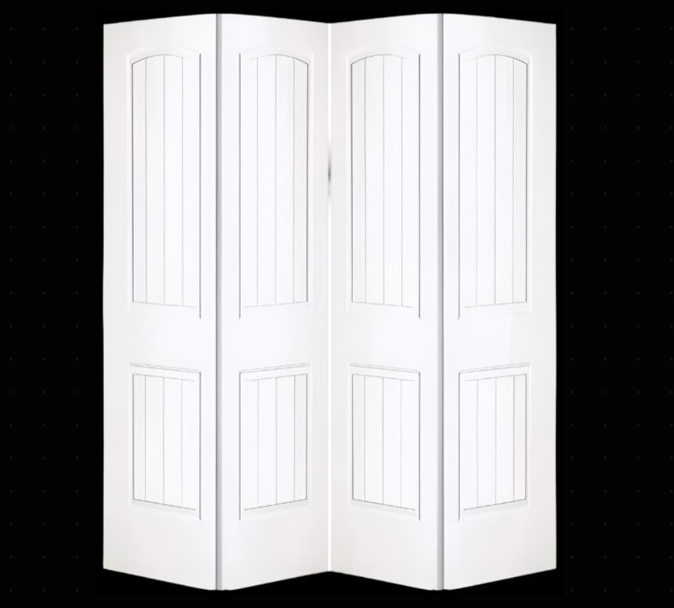 Bifold:SanteFe Primed Moulded Smooth 2-Panel Roundtop Plank Raised Panel Hollow Core Bifold Door w/Hardware