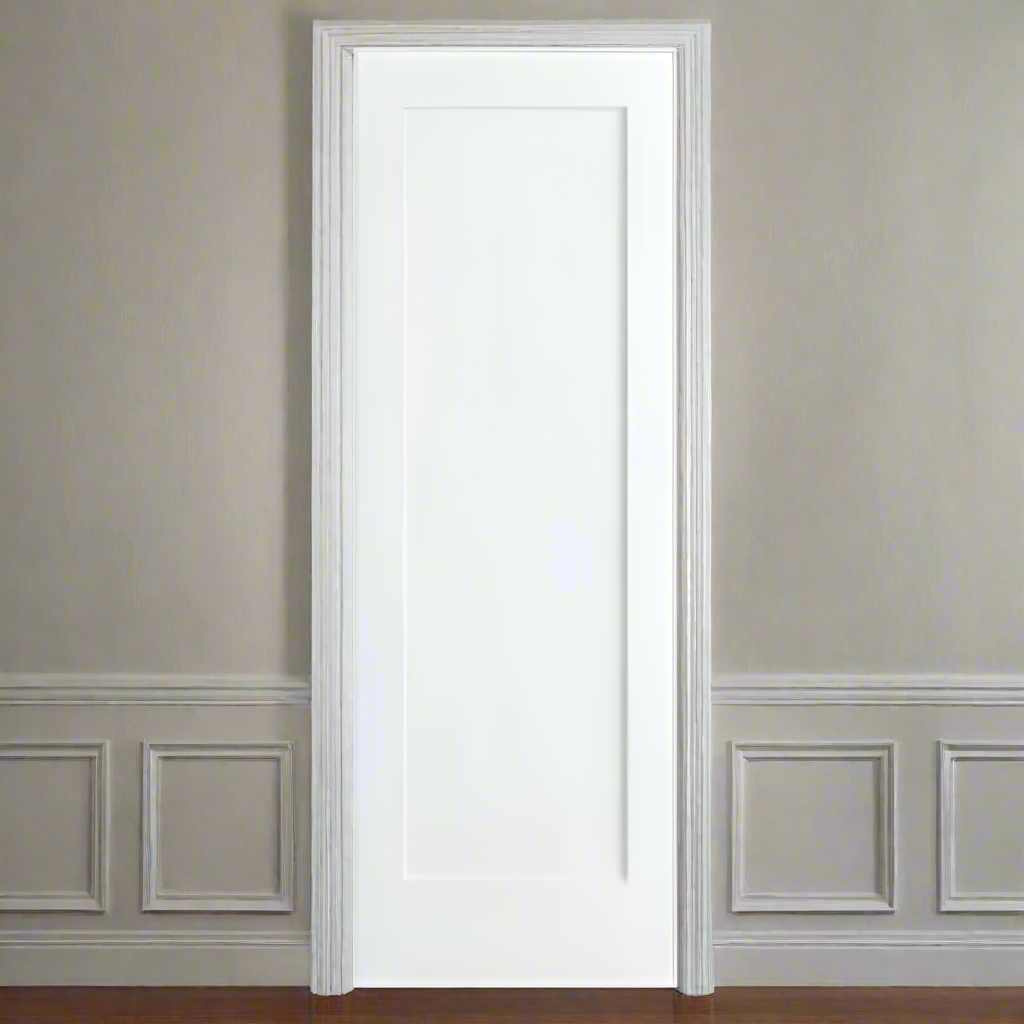 Single Pre-Hung: Primed MDF Smooth 1-Panel Shaker Hung on a Primed Finger Joint Flat Jamb Bundle