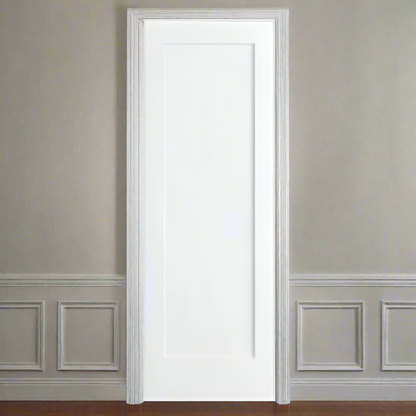 Single Pre-Hung: Primed MDF Smooth 1-Panel Shaker Hung on a Primed Finger Joint Flat Jamb Bundle