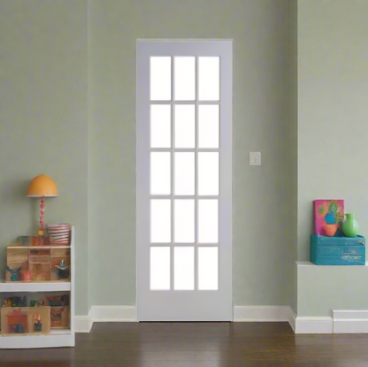 Single Pre-Hung: Primed MDF Smooth French Door 15 Lite/18 Lite - Clear Glass ovolo sticking Hung on a Primed Finger Joint Flat Jamb