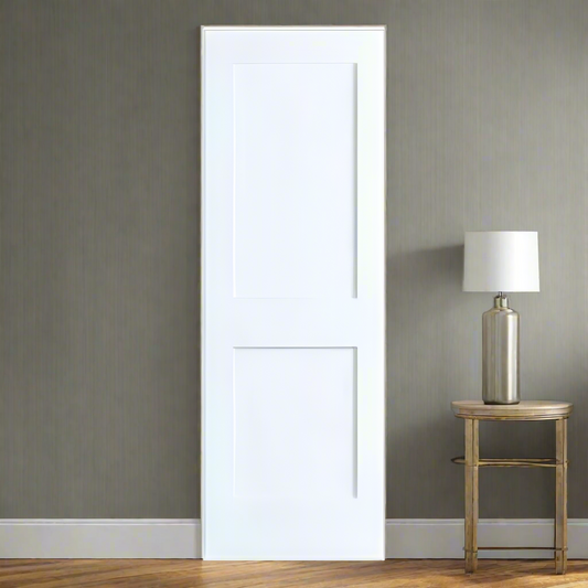 Single Pre-Hung: Primed MDF Smooth 2-Panel Shaker Primed Hung on a Primed Finger Joint Flat Jamb