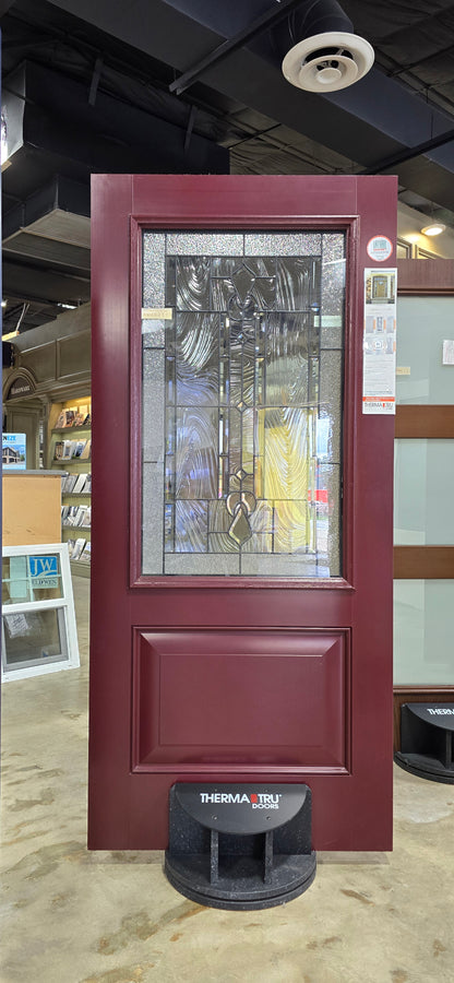 Pre-Hung Fiberglass Classic Craft Mahogany w/ Lucerna Glass and Black Nickel Caming ThermaTru Unfinished Jamb