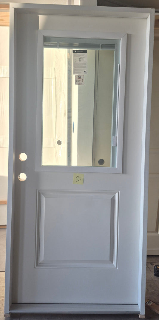 CLEARANCE - Exterior Door 1 - Pre-hung Right Hand OutSwing 3/0(36")x6/8(80")x 1-3/4" Fiberglass Smooth 22"x36" Half Lite Clear w/miniblind Low-E WBD Impact Glass Over 1-Panel Raised Exterior
