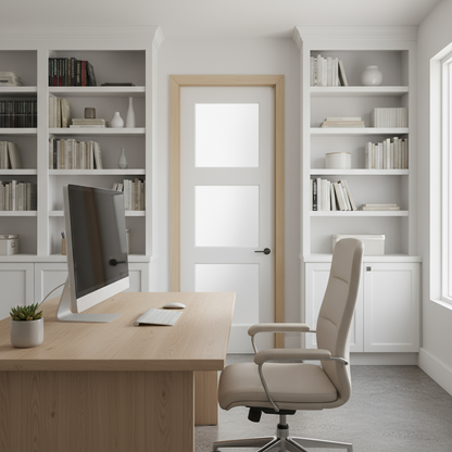 Pre-Hung: Primed MDF Smooth 3 Lite Frosted Shaker Primed 4603 on Primed PFJ Flat Jamb