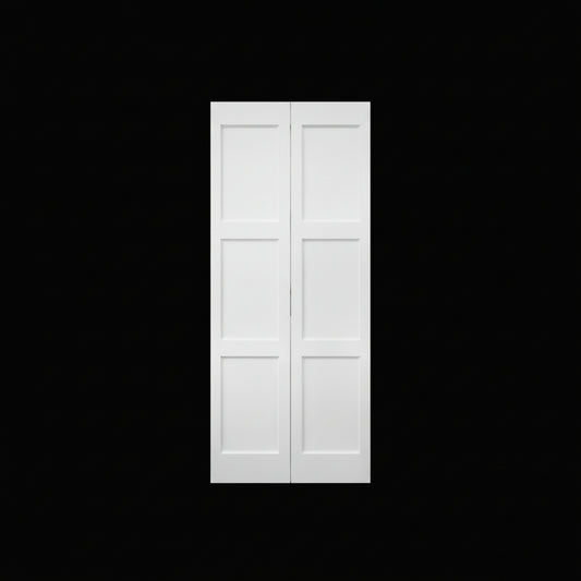 BiFold: Primed MDF 3-Panel Equal Shaker Sile-N-Rail Primed Bifold Door w/Hardware