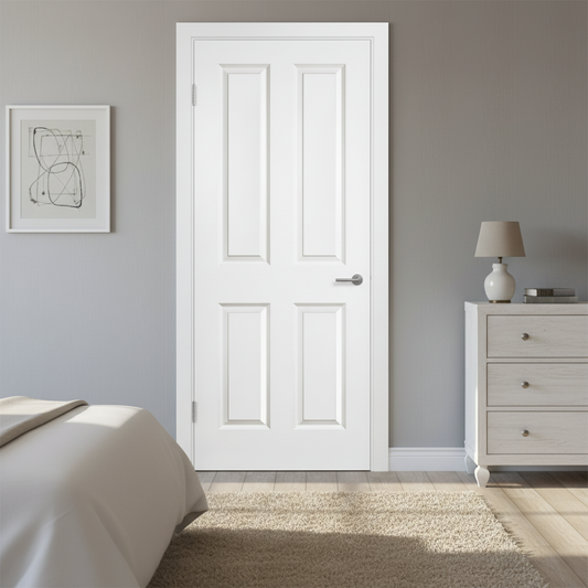 Single Pre-hung: Primed Molded 4-Panel 2wx2h Raised Smooth (WG) Solid Core 1 3/8"