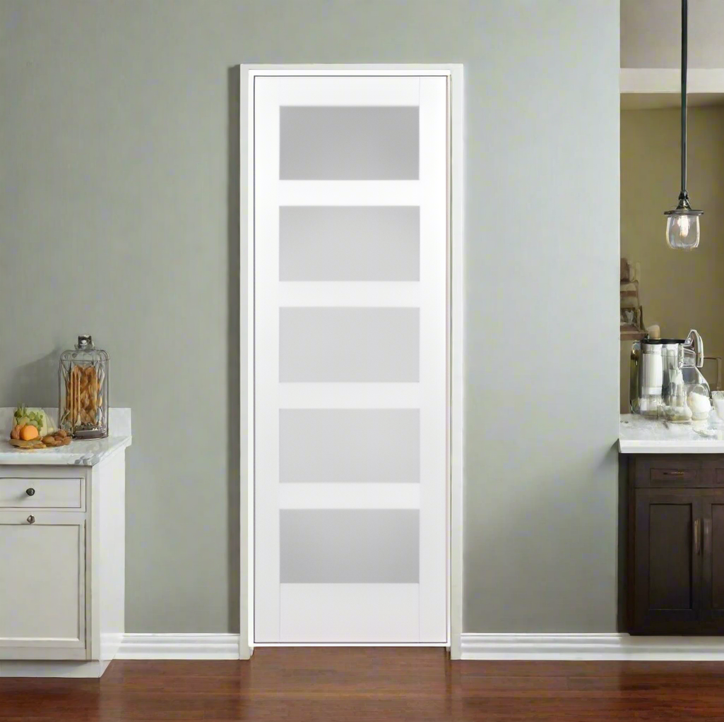 Single Pre-Hung: Primed MDF 5 Lite Frosted Shaker Primed Hung on a Primed Finger Joint Flat Jamb Bundle