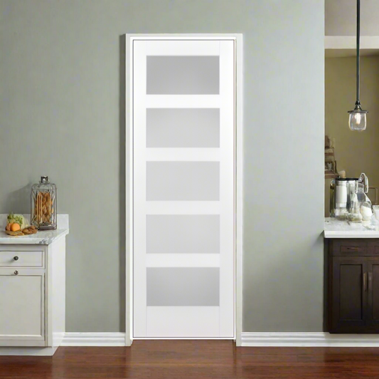 Single Pre-Hung: Primed MDF 5 Lite Frosted Shaker Primed Hung on a Primed Finger Joint Flat Jamb Bundle