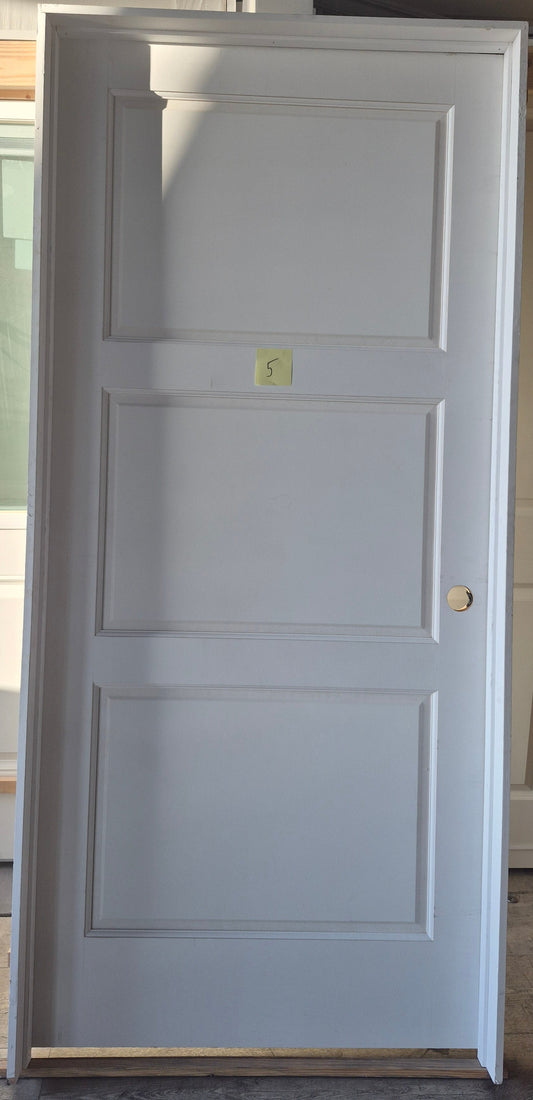CLEARANCE - Interior Door 5 - Pre-hung Left Hand Swing 3/0(36")x6/8(80")x 1-3/8" Primed MDF 3-Panel Raised Panel SC