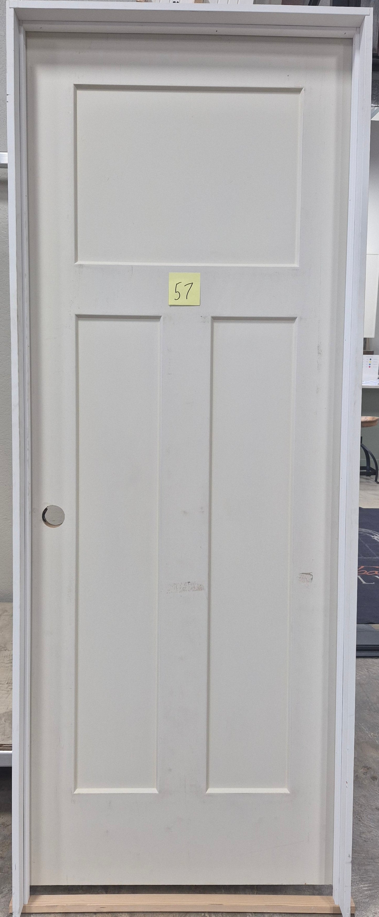 CLEARANCE - Door 57 - Pre-hung Right Hand Swing 2/6(30")x6/8(80")x 1-3/8" Primed Molded Smooth 3-Panel  Shaker Style Craftsman Solid Core