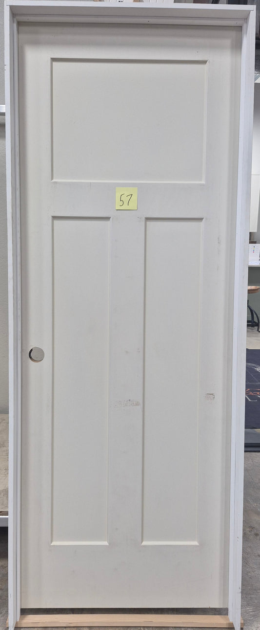 CLEARANCE - Door 57 - Pre-hung Right Hand Swing 2/6(30")x6/8(80")x 1-3/8" Primed Molded Smooth 3-Panel  Shaker Style Craftsman Solid Core