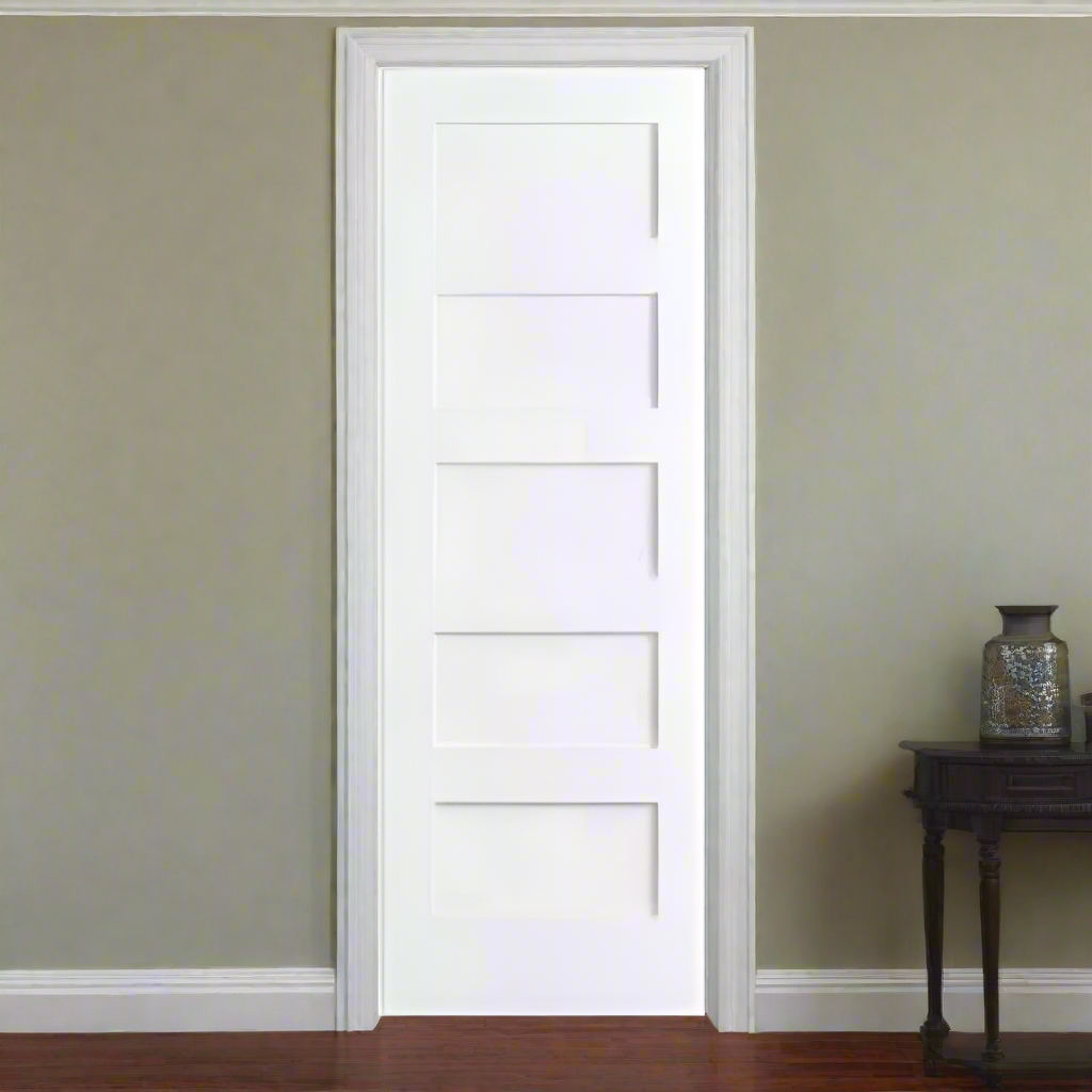 Single Pre-Hung: Primed MDF Smooth 5-Panel Shaker Primed Hung on a Primed Finger Joint Flat Jamb