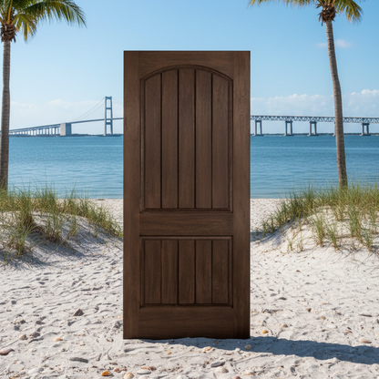 SLAB: Fiberglass Rustic Woodgrain 2-Panel Arch Plank Raised HVHZ-Impact DRA2AI (unfinished)