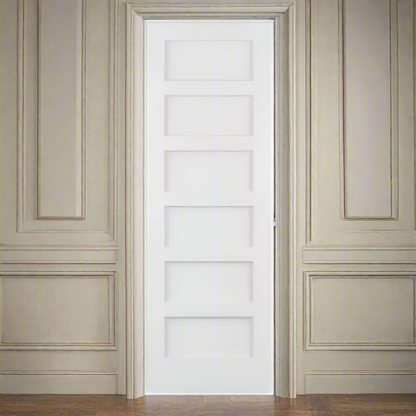 Single Pre-Hung: Primed MDF Smooth 6-Panel Shaker Primed Hung on a Primed Finger Joint Flat Jamb