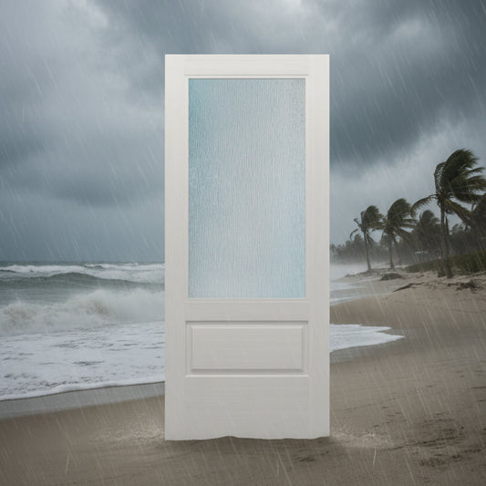 SLAB: Nova-90 Fiberglass Smooth 3/4-lite over 1-Panel direct glazed Rain glass HVHZ-Impact (unfinished)