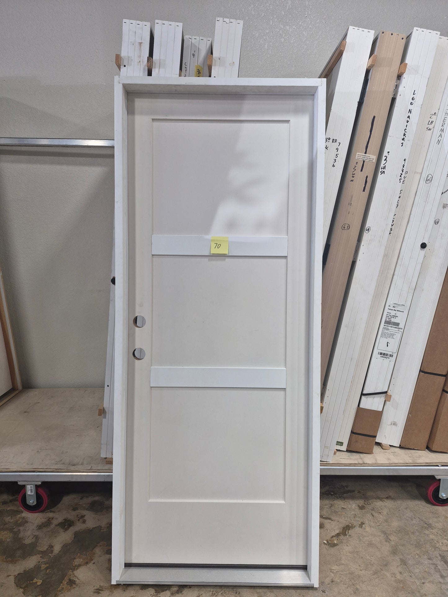 CLEARANCE - Exterior Door 70 - Pre-hung Right Hand In Swing 2/8(28")x6/8(80")x 1-3/4" Fiberglass Smooth 3-Panel Shaker WBD Impact Exterior