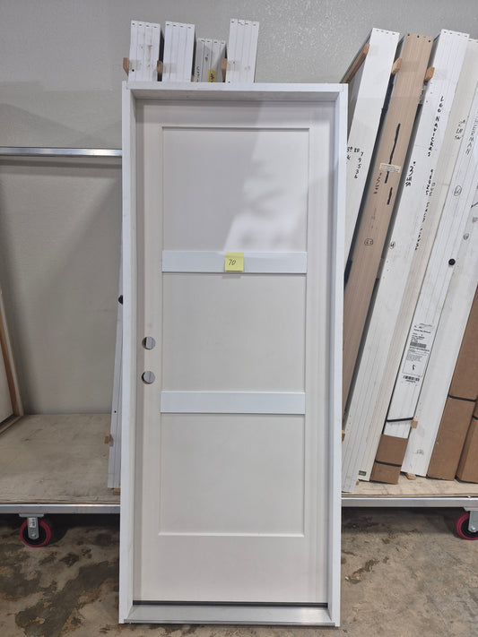CLEARANCE - Exterior Door 70 - Pre-hung Right Hand In Swing 2/8(28")x6/8(80")x 1-3/4" Fiberglass Smooth 3-Panel Shaker WBD Impact Exterior