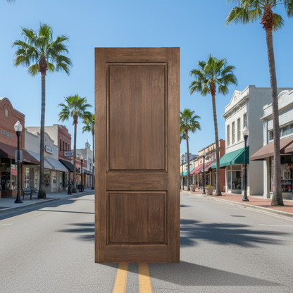 SLAB: Fiberglass Rustic Woodgrain 2-Panel Squaretop Raised HVHZ-Impact DRA2BI (unfinished)