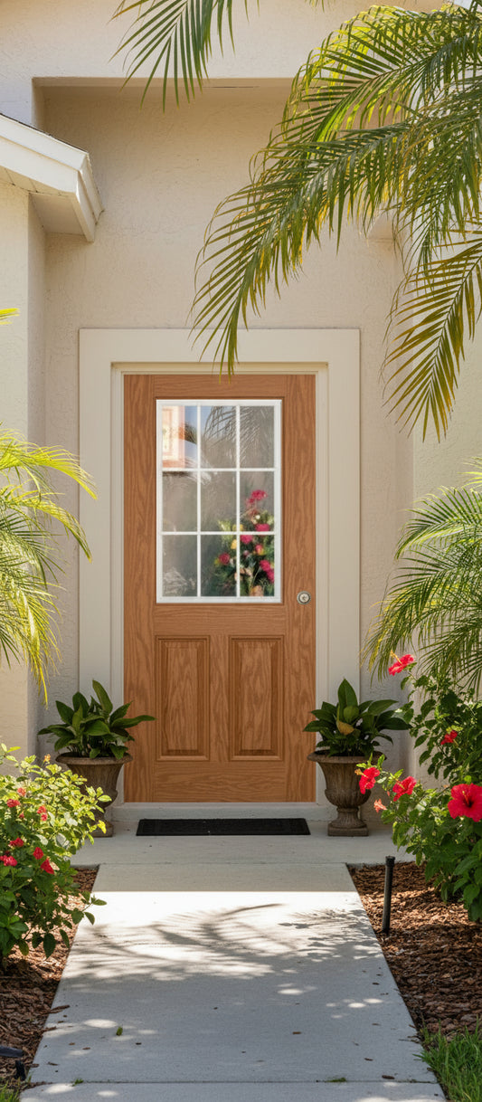 PlastPro Oak Series DRG60 Half-Lite w/22"x36" 9-Lite GBG Low-E over 2 Panel Raised FL#17347