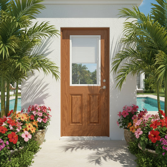 PlastPro Oak Series DRG60 (Unfinished) Half-Lite w/Mini Blind Clear Glass Insert over 2 Panel Raised - FL#17347