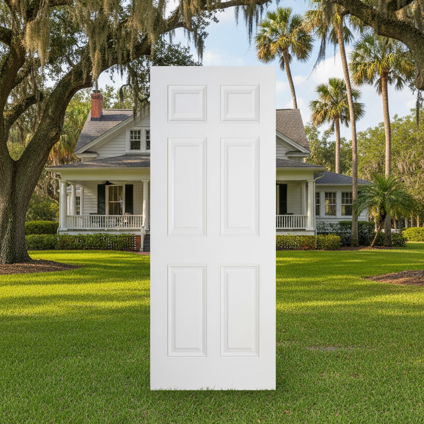 SLAB: Fiberglass Smooth 6-Panel Raised Colonial w/Panic and Closer Blocking DRS60 (unfinished)