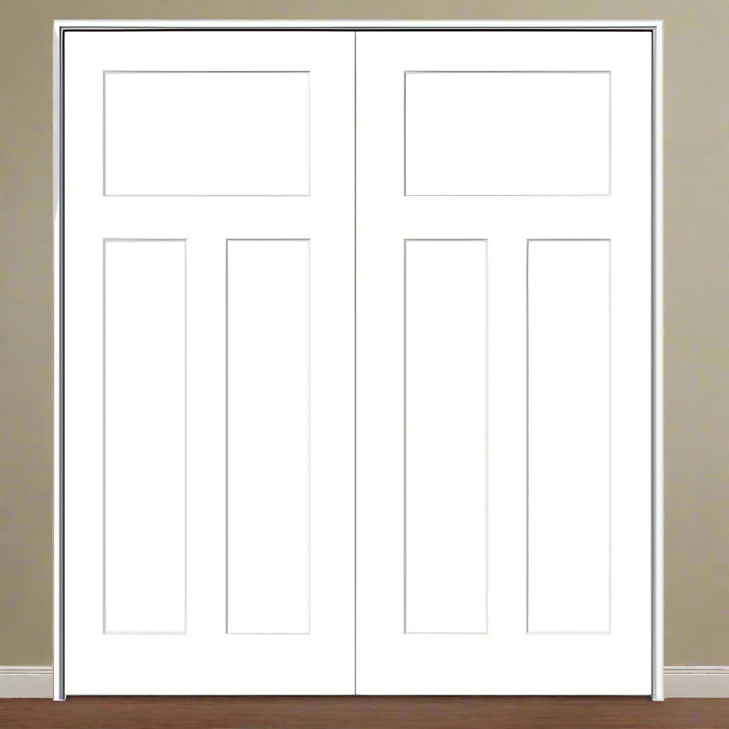Double PreHung: Primed Moulded Smooth 3-Panel Craftsman Shaker Style Hollow Core Slab 1 3/8" Thick, 6/8(80") Height, w/ball catch