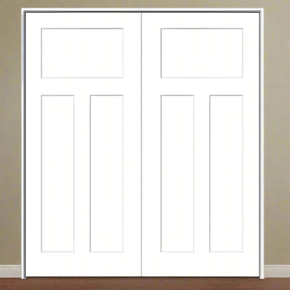 Double PreHung: Primed Moulded Smooth 3-Panel Craftsman Shaker Style Hollow Core Slab 1 3/8" Thick, 6/8(80") Height, w/ball catch