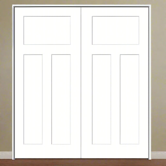 Double PreHung: Primed Moulded Smooth 3-Panel Craftsman Shaker Style Solid Core  1 3/8" Thick, 6/8(80") Height, w/T-ASTRAGAL