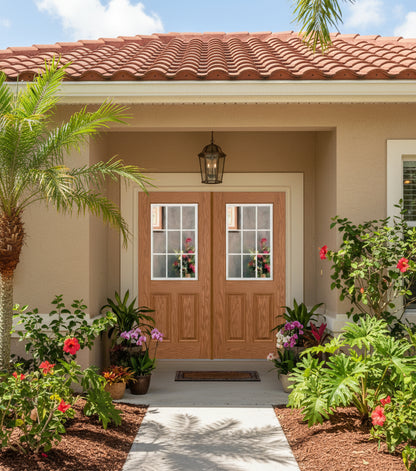 PlastPro Oak Series DRG60 Half-Lite w/22"x36" 9-Lite GBG Low-E over 2 Panel Raised FL#17347