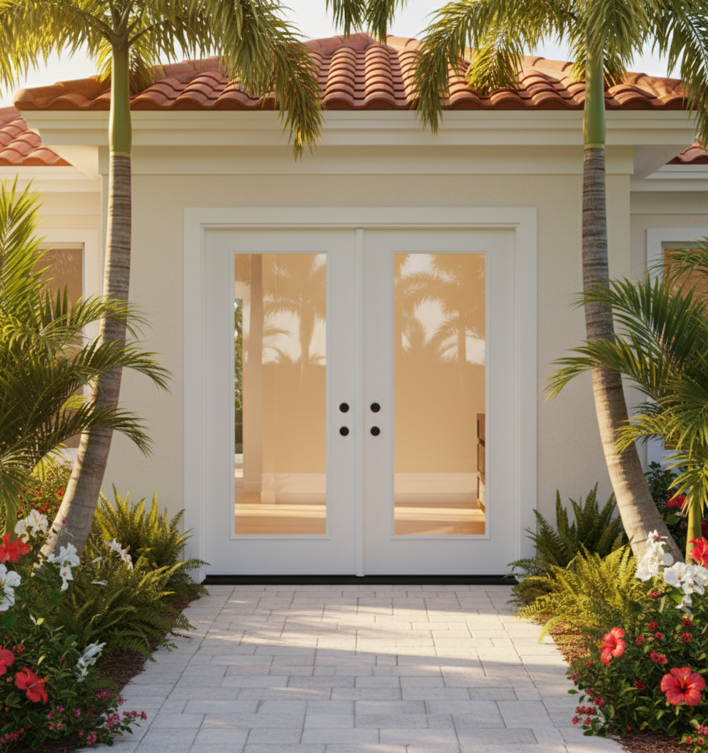 Double door full lite clear glass impact rated plastpro door