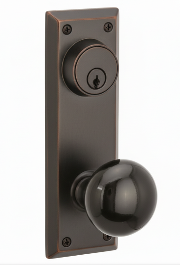 Emtek 8080 Passage Single Keyed, Sideplate Locksets Quincy 3-5/8" c-c Keyed, Porcelain Knob