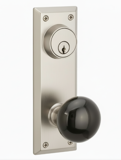 Emtek 8080 Passage Single Keyed, Sideplate Locksets Quincy 3-5/8" c-c Keyed, Porcelain Knob