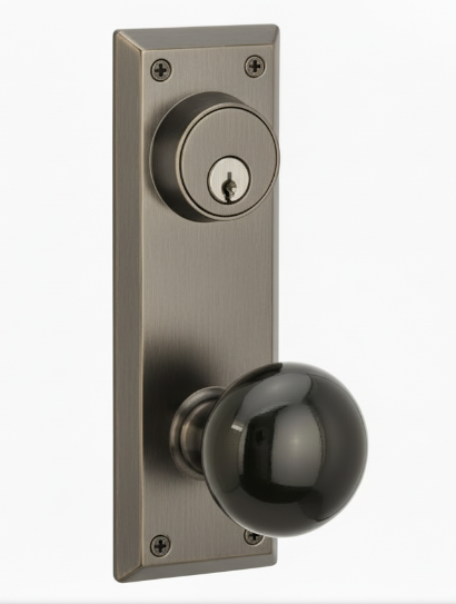 Emtek 8080 Passage Single Keyed, Sideplate Locksets Quincy 3-5/8" c-c Keyed, Porcelain Knob