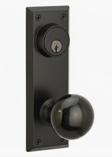 Emtek 8080 Passage Single Keyed, Sideplate Locksets Quincy 3-5/8" c-c Keyed, Porcelain Knob