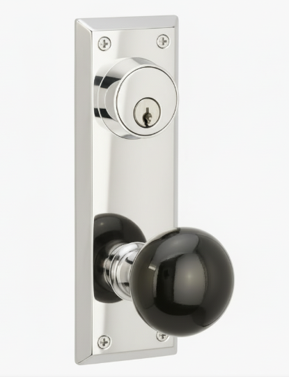 Emtek 8080 Passage Single Keyed, Sideplate Locksets Quincy 3-5/8" c-c Keyed, Porcelain Knob