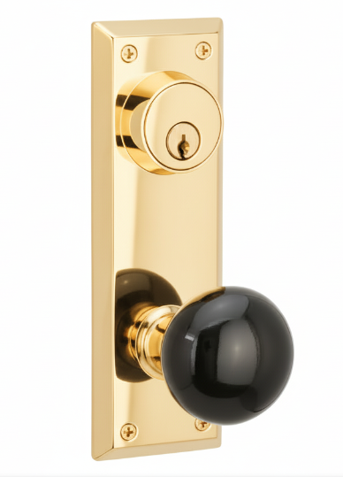 Emtek 8080 Passage Single Keyed, Sideplate Locksets Quincy 3-5/8" c-c Keyed, Porcelain Knob