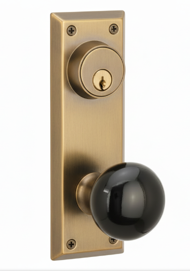 Emtek 8080 Passage Single Keyed, Sideplate Locksets Quincy 3-5/8" c-c Keyed, Porcelain Knob